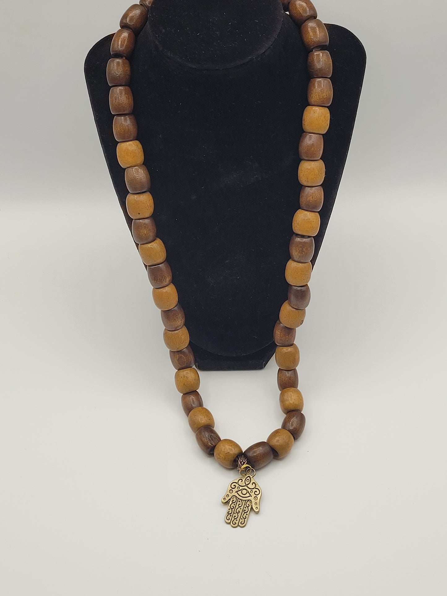 Natural Wood Bead with Hand Pendant Necklace