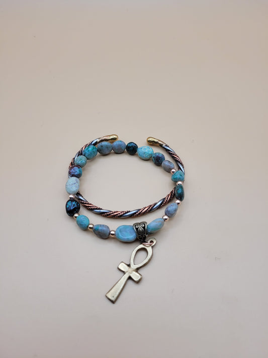 Chrysocolla Bead with Ankh Pendant 2pc