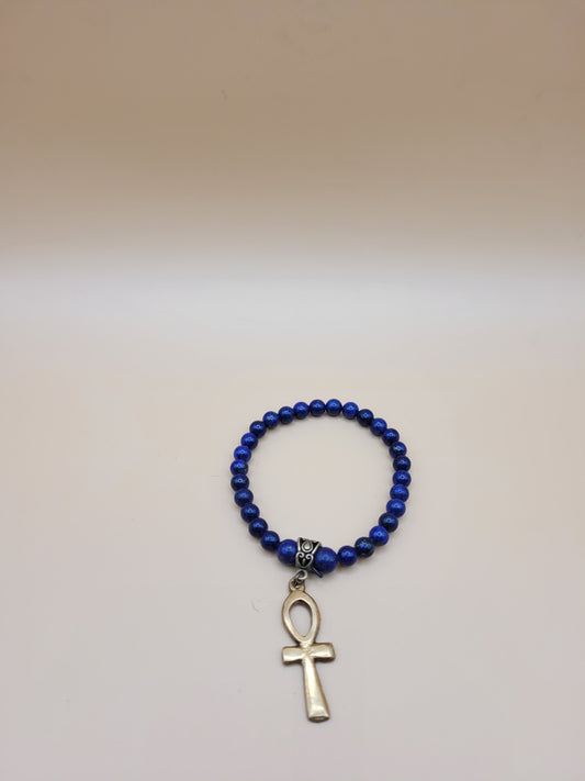 Lapis Lazuli Bead & Ankh Pendant Bracelet