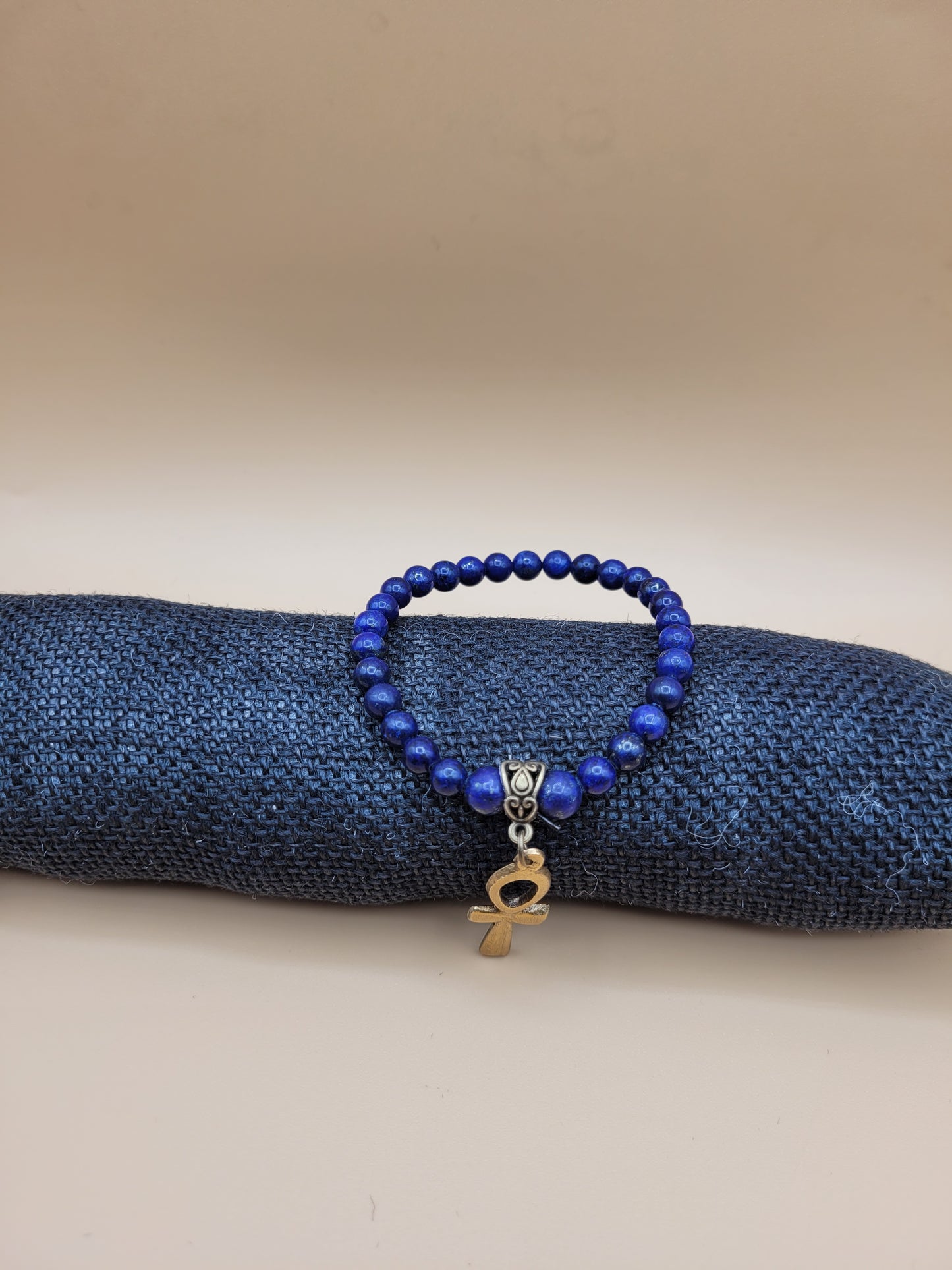 Lapis Lazuli Bead & Ankh Pendant Bracelet