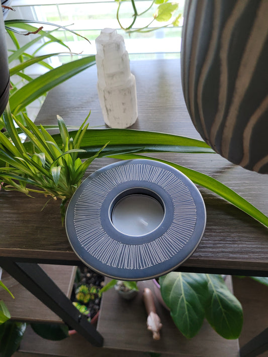 Blue Fine Line Round Soapstone Tea Light Candle Holder