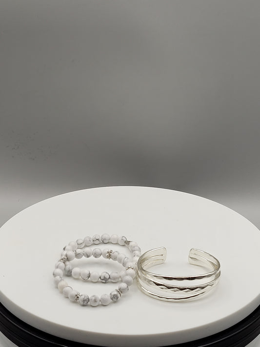 Howlite Stone Bead & Silver Twisted Bangle 3pcs.