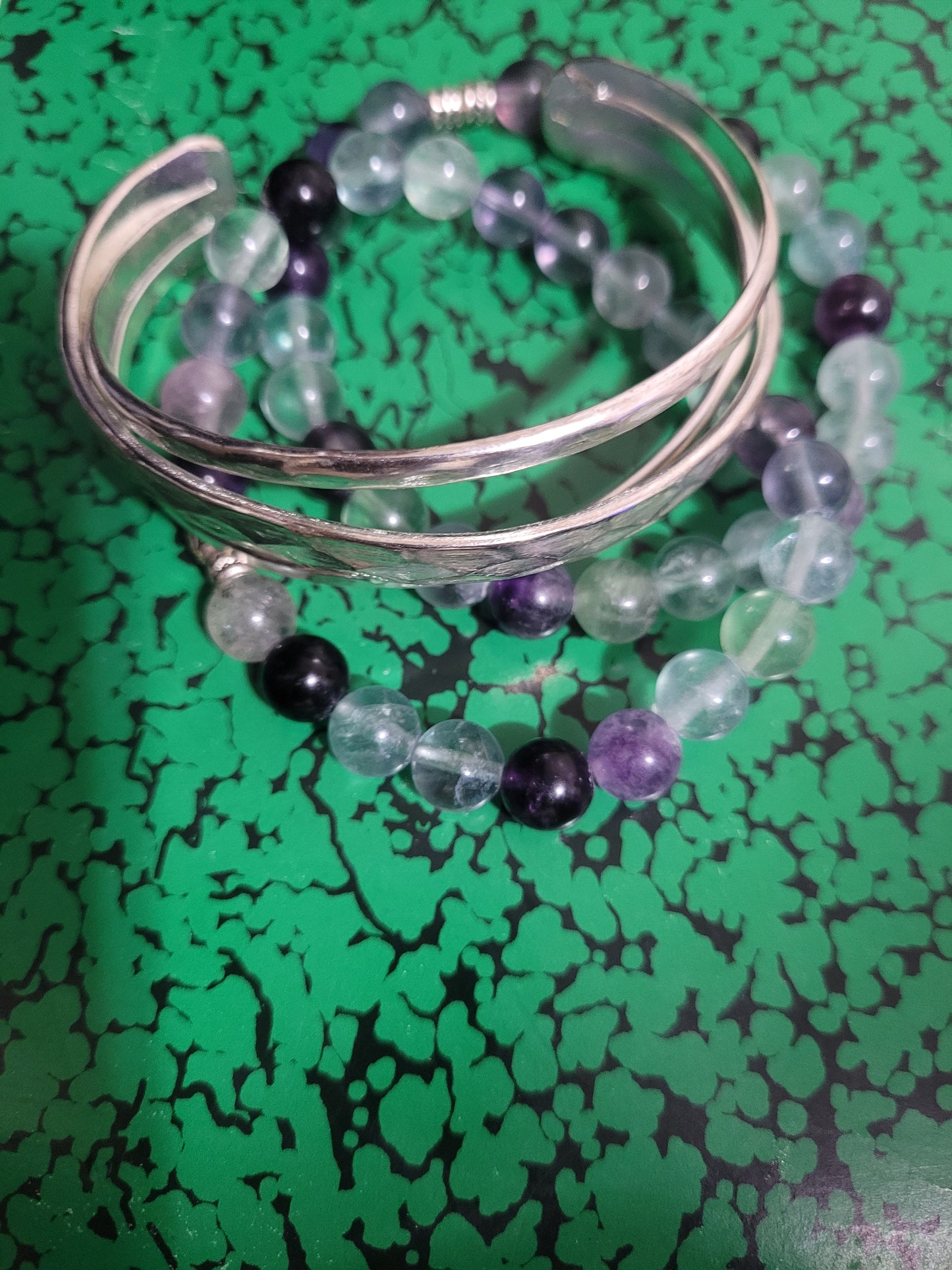 Fluorite Stone Bead & Silver Bangle triset