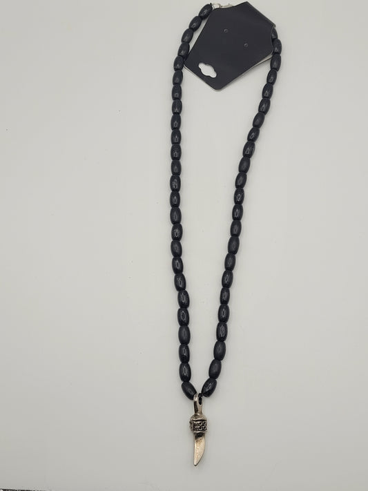 Natural Black Wood Bead Necklace with Knife Pendant