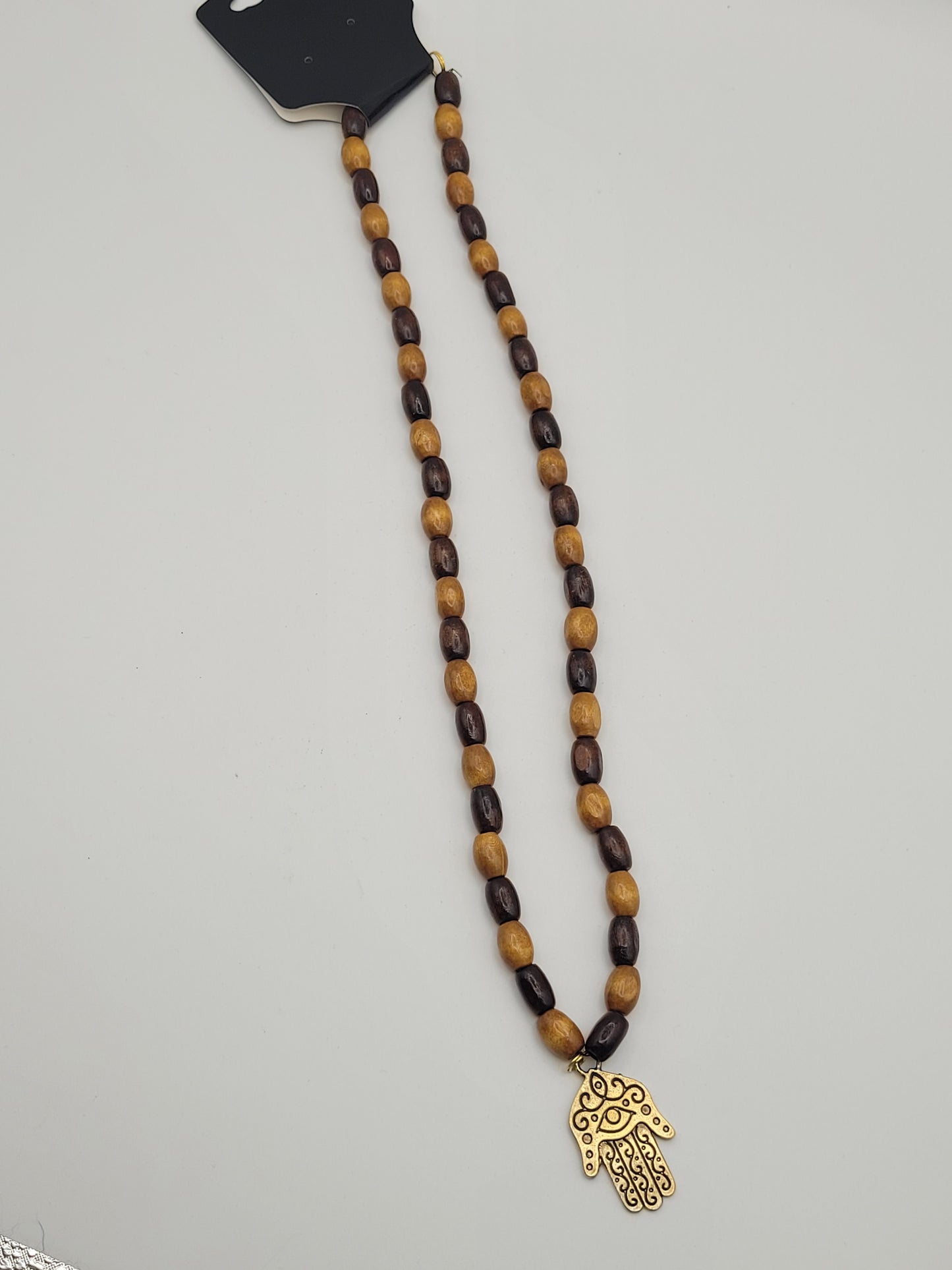 Natural Wood Bead with Hand Pendant Necklace