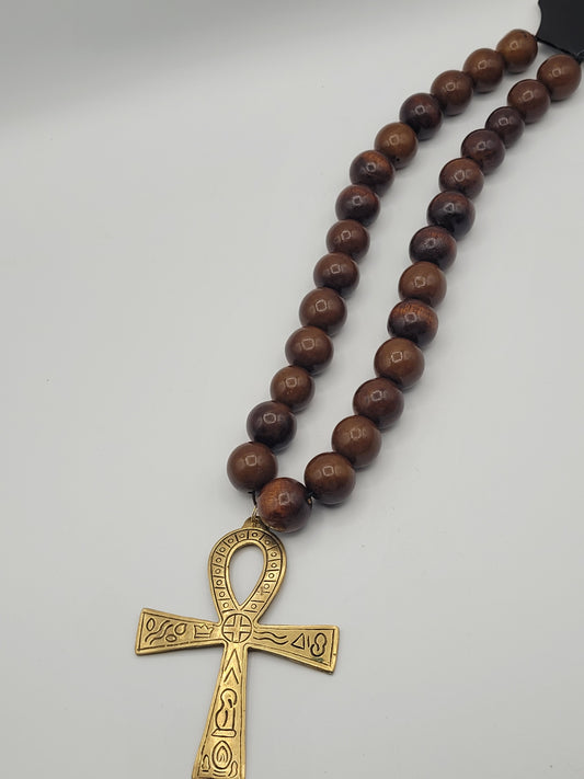 Large Heavy Wood Bead & Large Ankh Pendant Necklace.