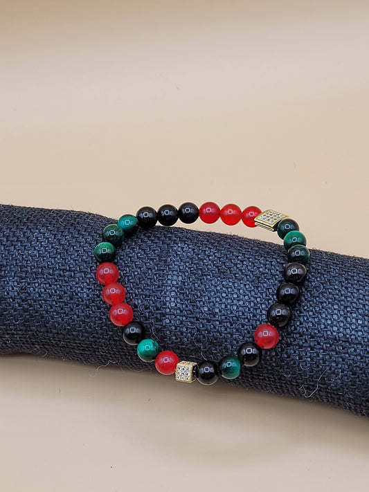 Red, Black & Green Stone Bead Bracelet