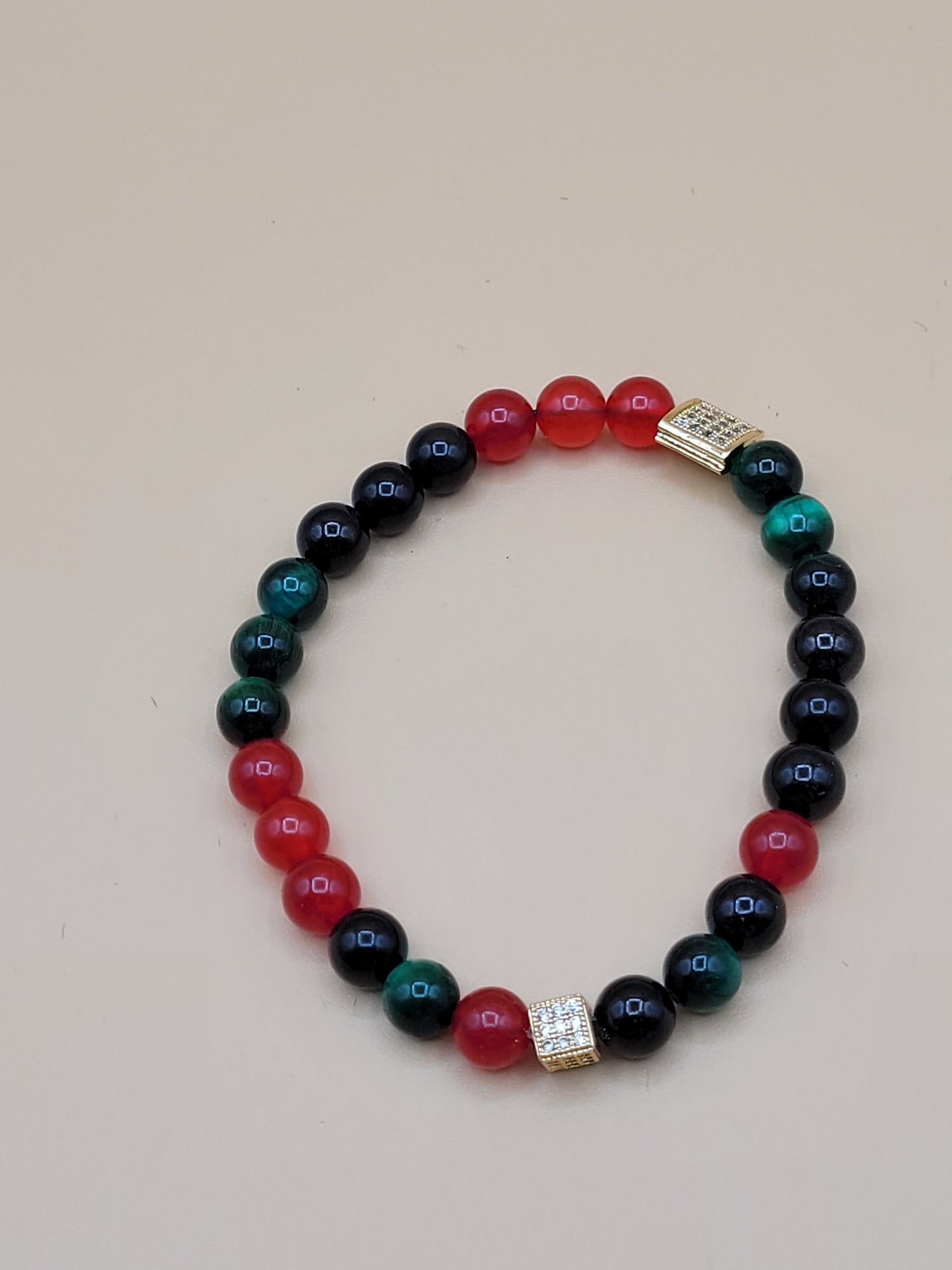 Red, Black & Green Stone Bead Bracelet