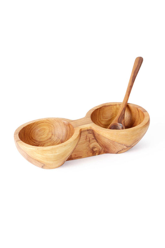 Double Wild Olive Wood Condiment Bowl with Spoons