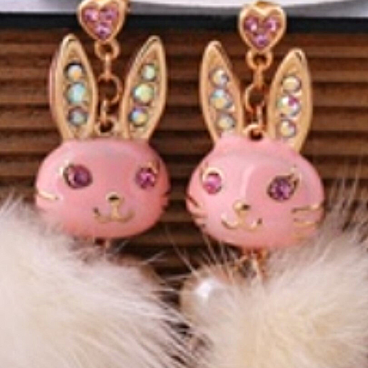 Fun Furry Bling Bunny Earrings (Comes in 3 Different Colors)