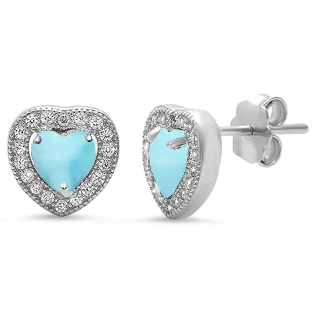 925 Sterling Silver Natural Larimar & CZ Heart Earrings