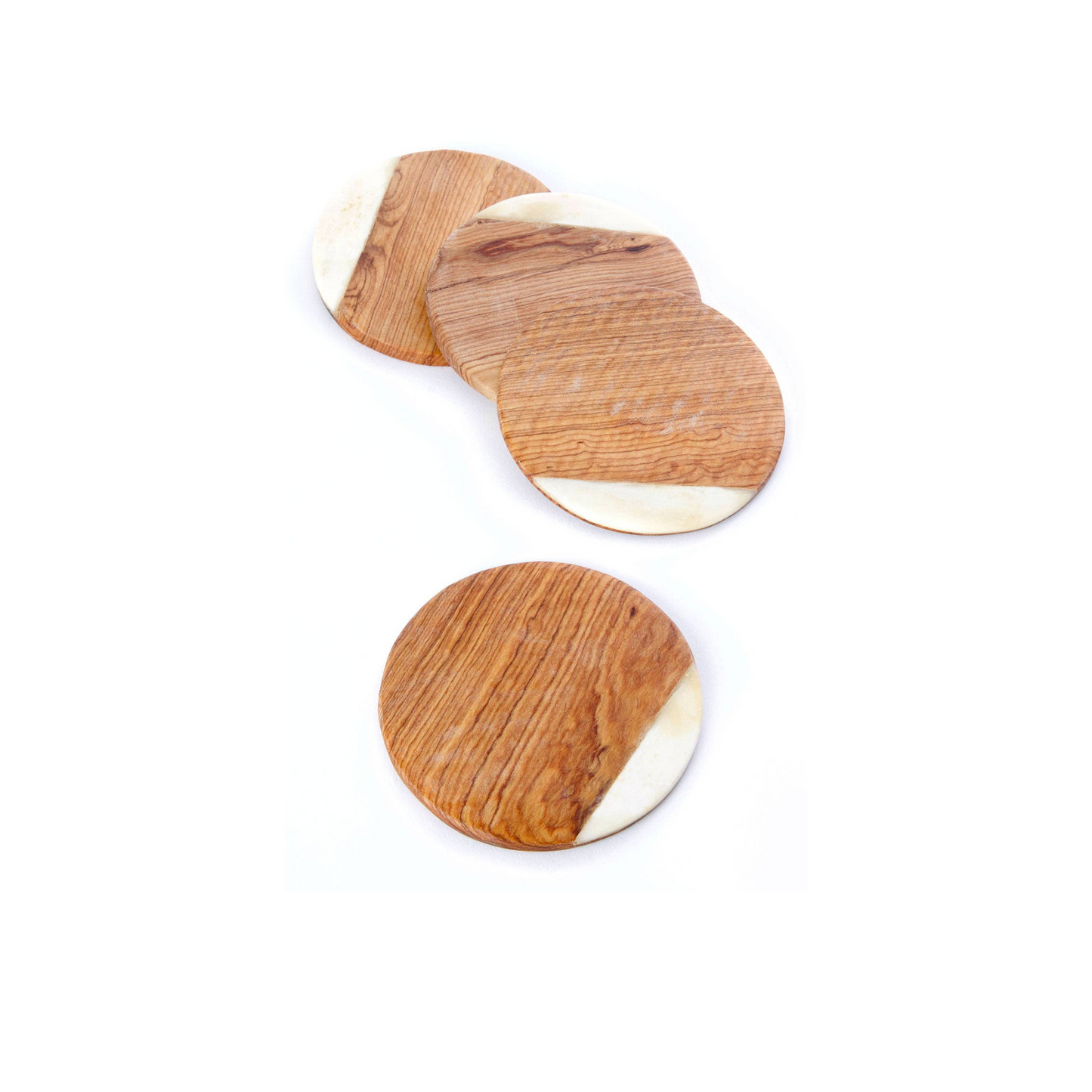 Set of Four Kenyan Wild Olive Wood Coasters with White Bone Inlay