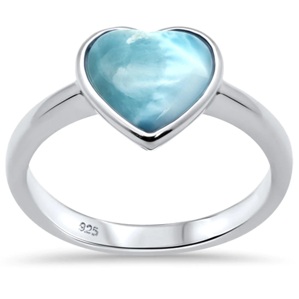 925 Sterling Silver Natural Larimar Heart Ring