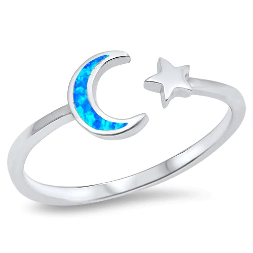 925 Sterling Silver Opal Wraparound Moon & Star Ring