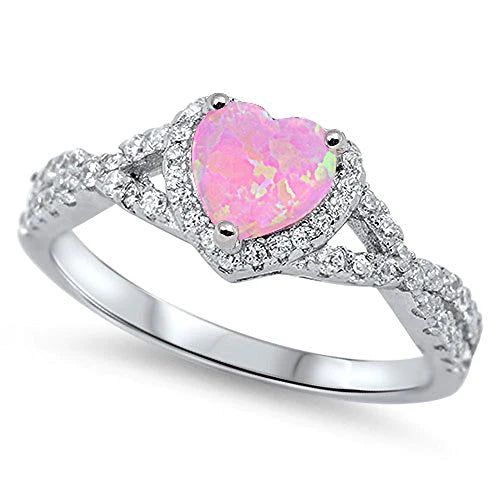 925 Sterling Silver Pink Opal Heart & CZ Ring